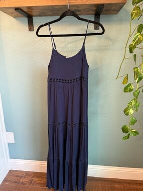 Altar’d State Navy Boho Maxi Dress Medium Tiered Crochet Lace